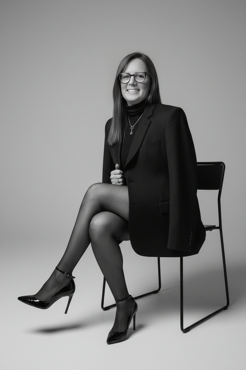 Julia Weiß, Hochzeitsplanerin für Italien, sitzt lächelnd im Blazer auf einem Stuhl.